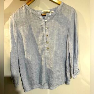 Nicole Miller 💯 Linen pop over blouse Peasant Bohemian light blue airy office S